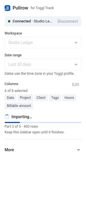 Pullrow sidebar during an import, showing progress. Sample workspace and data.